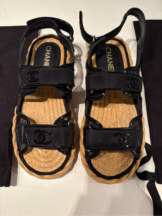 CHANEL Shoes - CHANEL Black Canvas and Natural Rope Espadrille Sandals